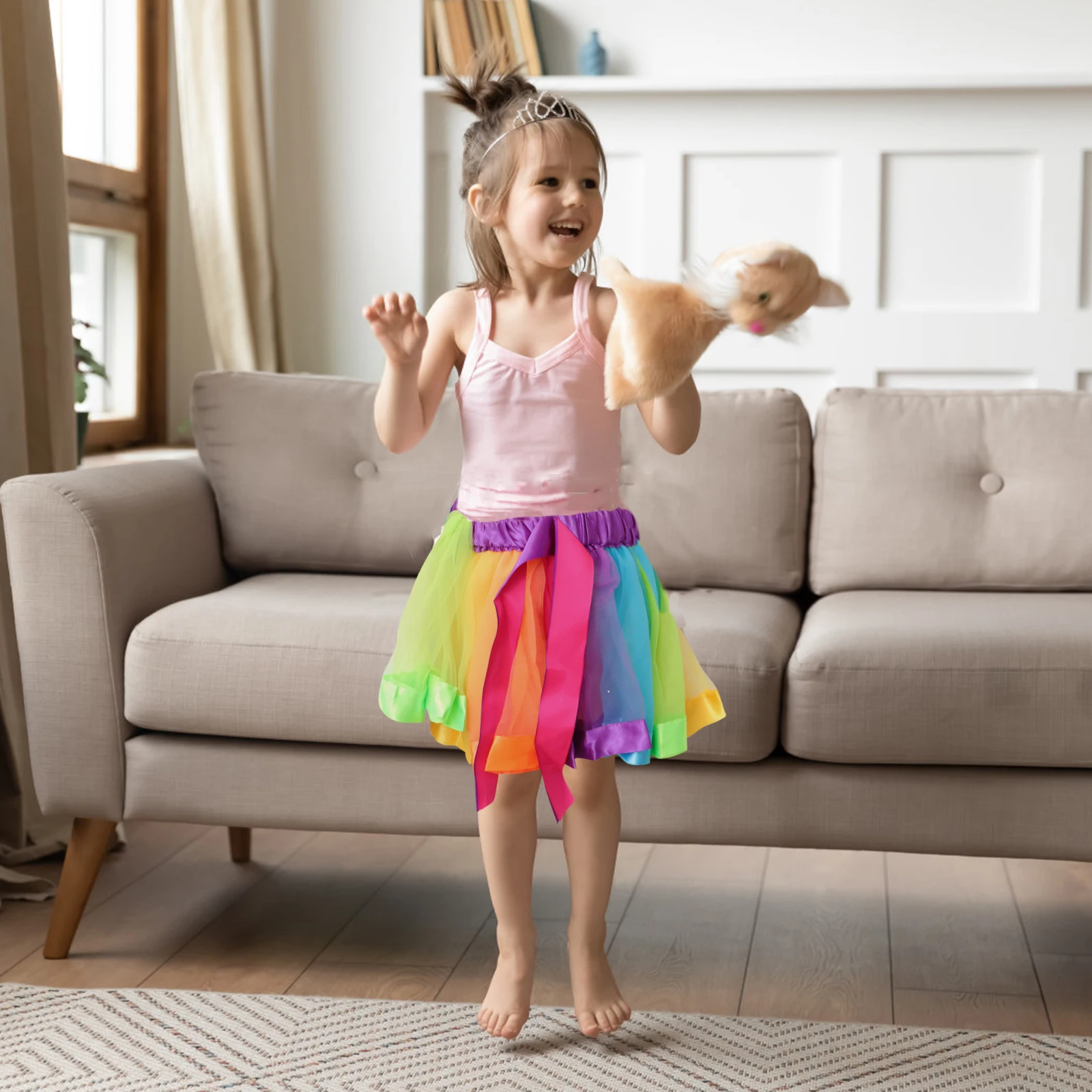 

Girls Rainbow Layered Tutu Skirt Elastic Waist Bowknot Ribbon Dance Dress for 4-6 Years Old Ballet Performance Party Costume