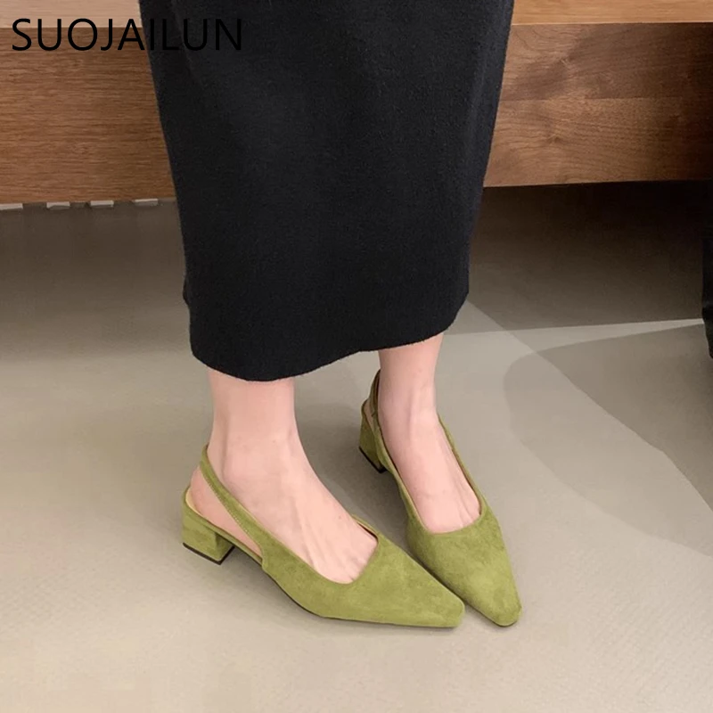 SUOJIALUN 2024 Spring New Sandal Shoes Fashion Shallow Slip On Ladies Slingback Shoes Squaew Low Heel Outdoor Dress Mules Pumps