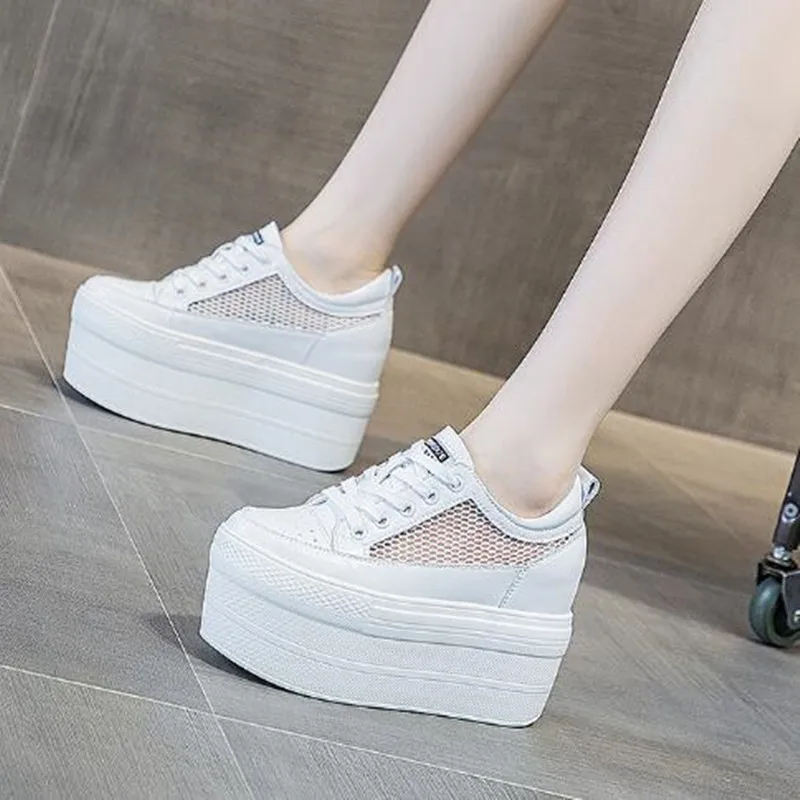 

New Fashion Women Platform Shoes Summer Breathable Mesh Female Sneakers Thick Sole Women Genuine Leather Inner Heightening Shoe