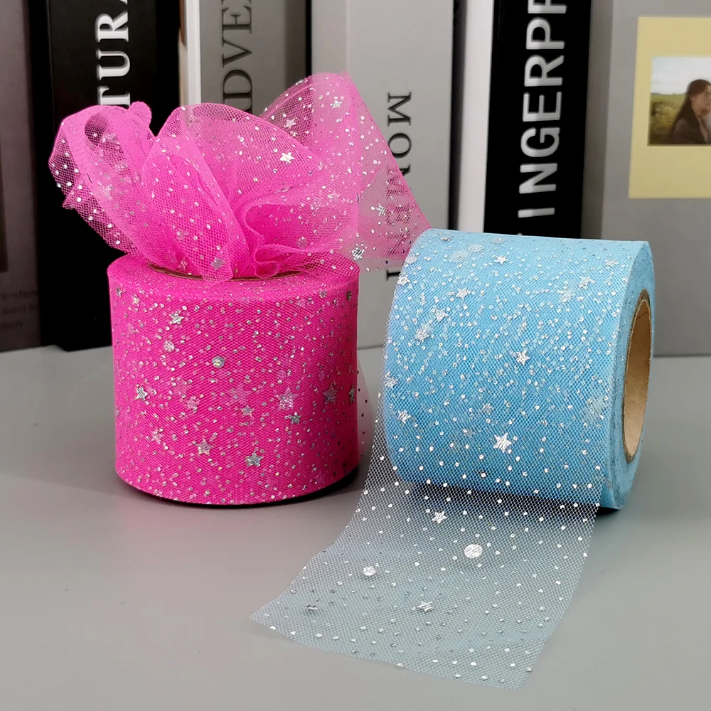 6cm 25yards Tulle Rolls Silver Star Moon Organza Ribbon Film Night Sky Mesh Tape for Hairbows Fairy Doll Skirts DIY Materials