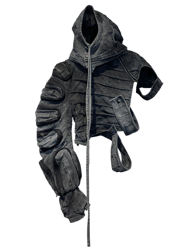 Casaco Assimétrico com Chapéu para Homens e Mulheres, Roupa Original, Avant-Garde, Wasteland Techwear, Designer