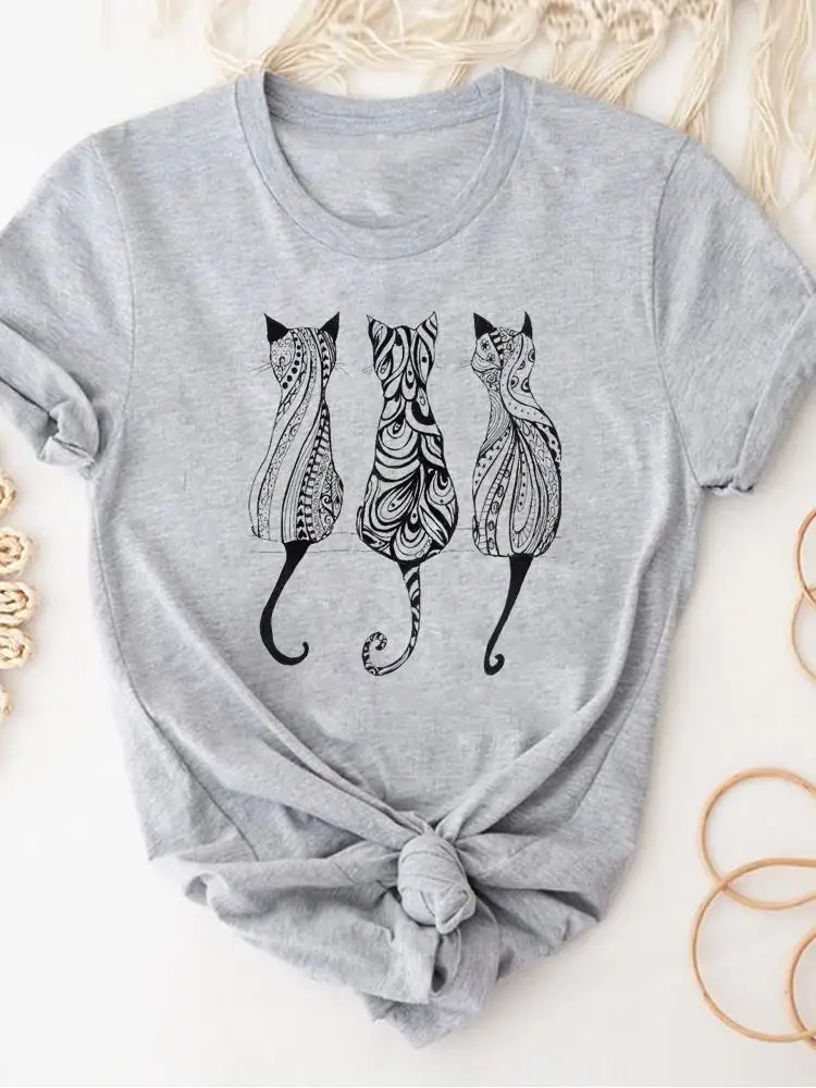 Print T Shirt Short Sleeve Summer Clothes Women Clothing Gray Cat Trend Style Cute Basic Tee Top Fashion Graphic T-shirt