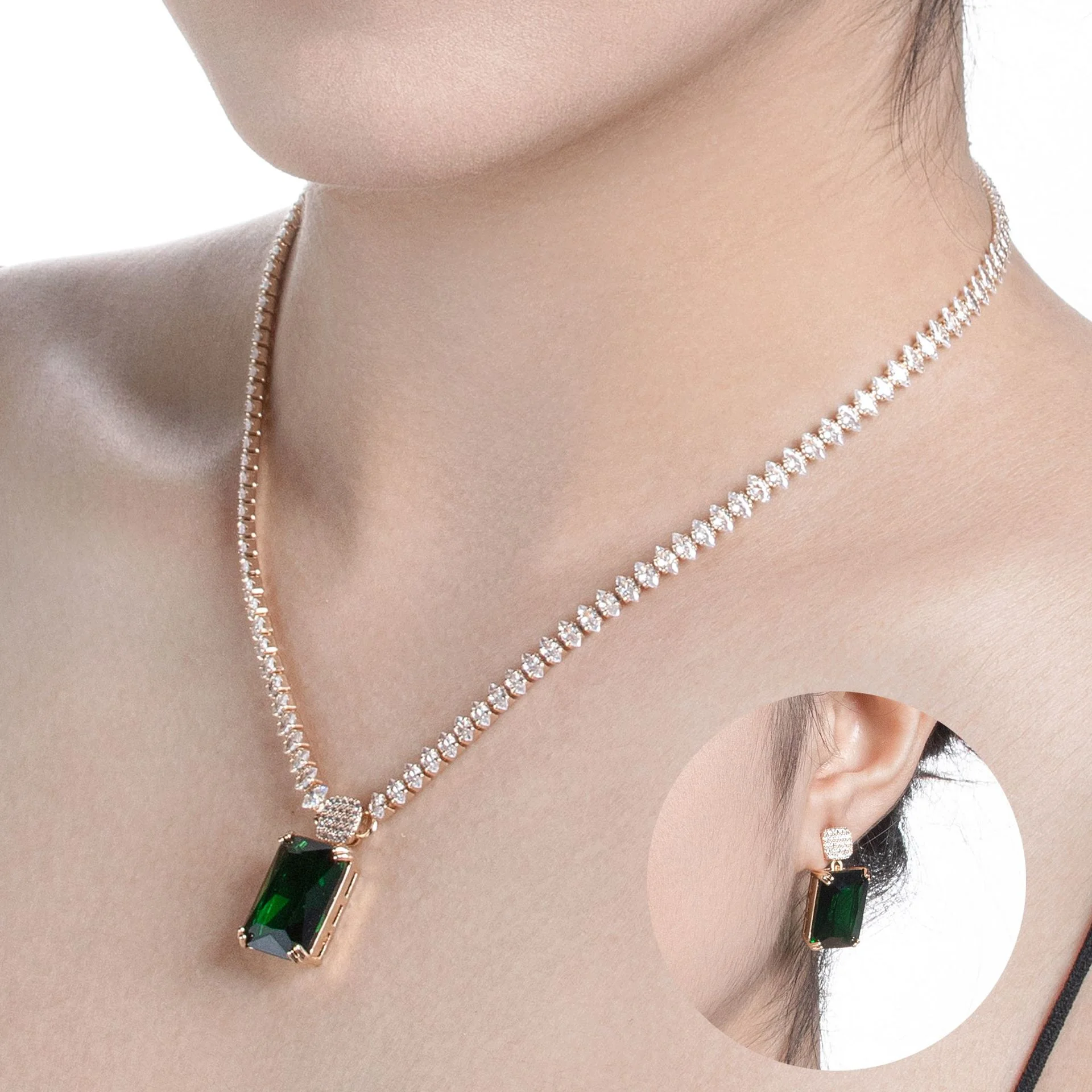 

European Zircon Necklace Earrings Jewelry Set Geometric Square Light Luxury Elegant Women Clavicle Chain Pendant