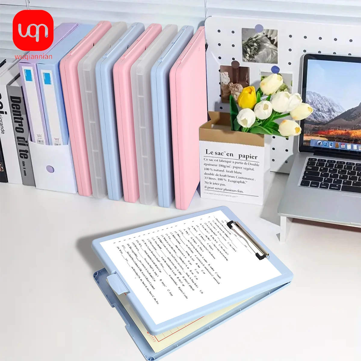 Low-profile clipboard with storage and pen holder for the school corporate office