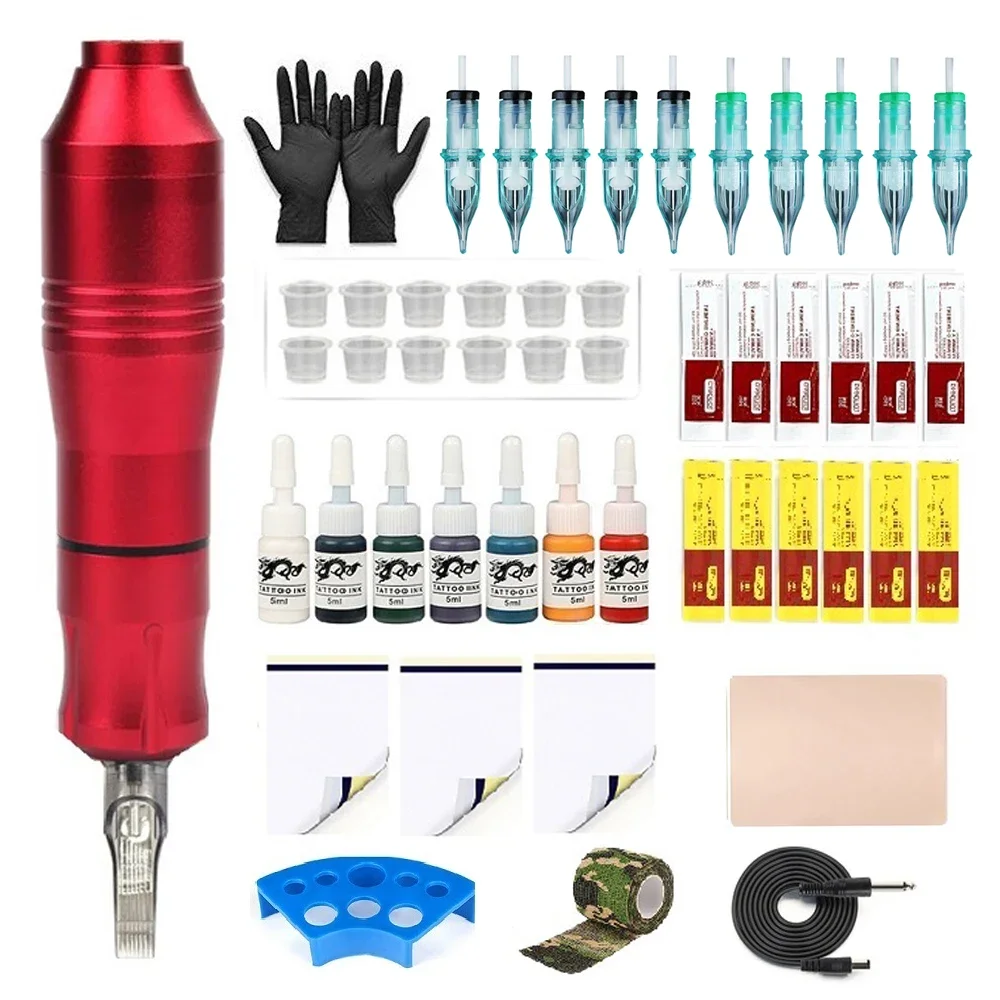 

For Beginner Tattoo Machine Kit Complete Rotary Machine Pen Set with Ink Cartridges Needles Supplies Permanent Makeup Tattoo Set