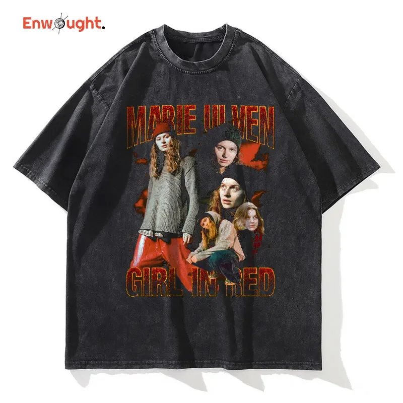 Girl in Red T Shirt Female Singer Marie Ulven Vintage Washed Tops Tees Y2k Oversized Short Sleeve T-Shirt Sweatshirts Men Cotton