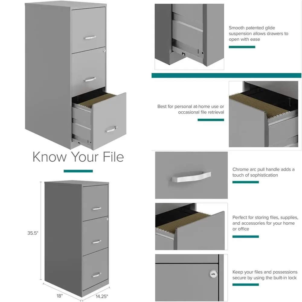 Modern Vertical 3-Drawer Metal Filing Cabinet with Lock, Silver - Secure Storage for Office Documents