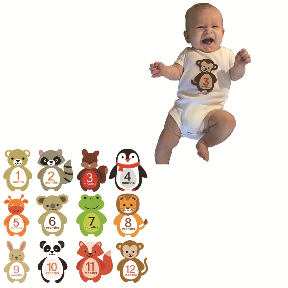 12PCS Newborn Photography Props Baby Growth Commemorative Cards Monthly Record Stickers Self-adhesive Milestone Cartoon Stickers