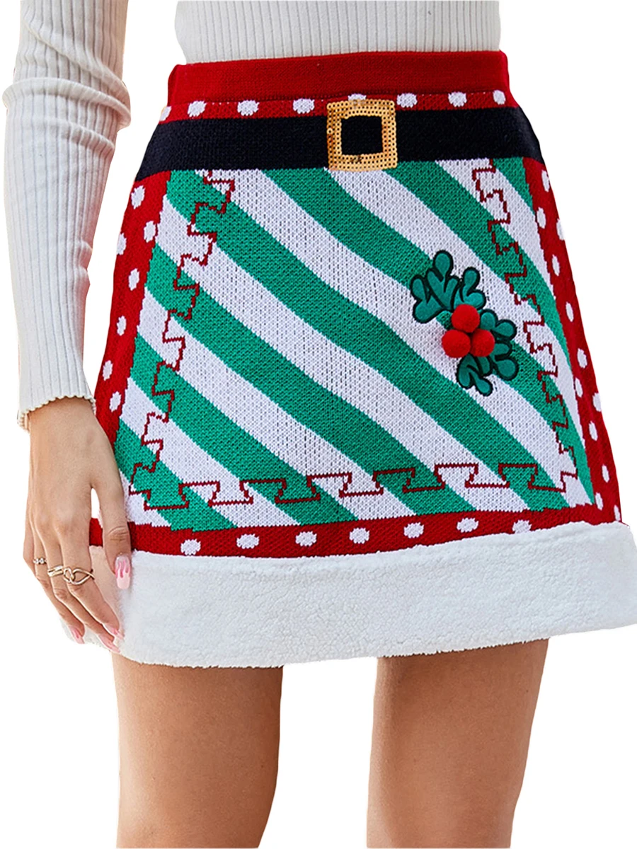 Women s Christmas Mini Skirts Belt Print High Waist Patchwork Knit A-line Skirts Fall Party Packaged Hip Skirts Streetwear