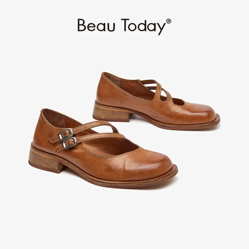 BeauToday Mary Janes Women Horsehide Leather Square Toe Double Belt Buckles Solid Color Classic Female Shoes Handmade 28291