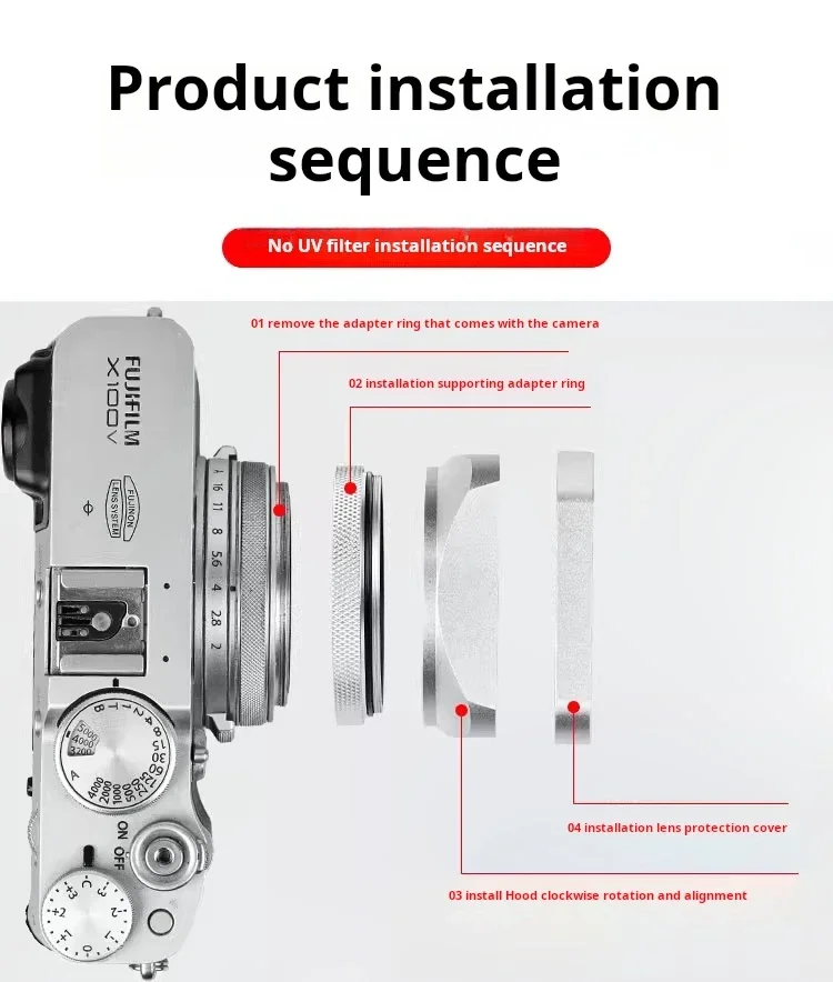 Square X100VI Blendenabdeckung, kompatibel mit Fujifilm X70 X100S X100T X100 X100F X100V Objektivfilter-Adapterring, Metallhalterung – Detail 5