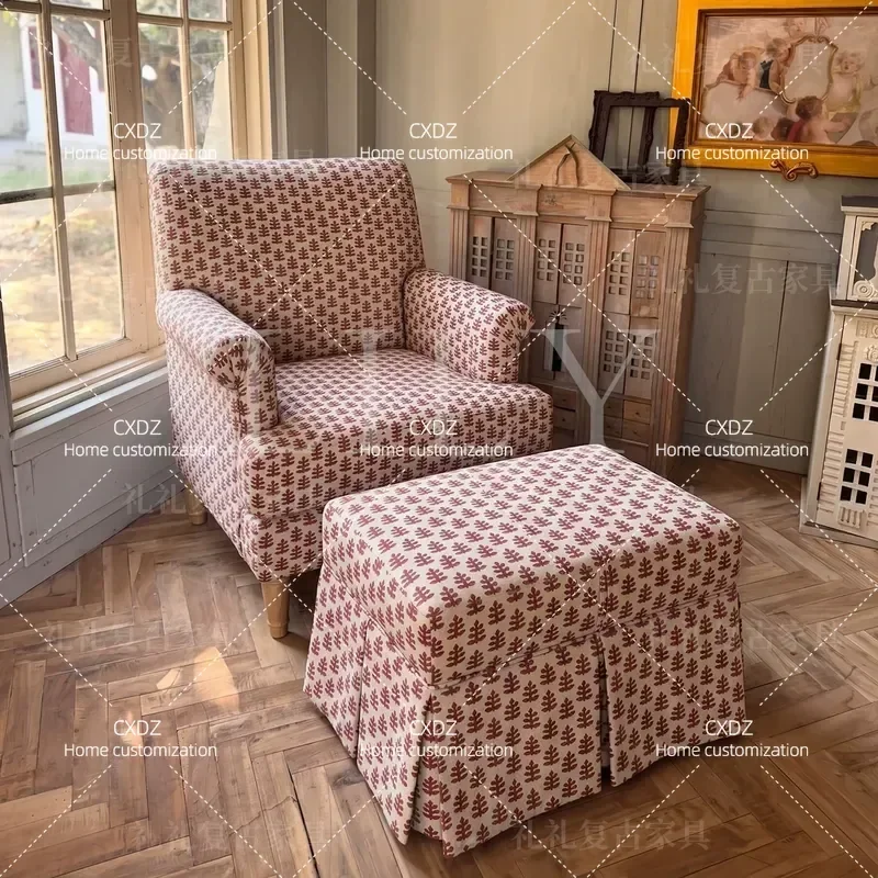 Retro Casual Solid Wood Single Chair Simple Printed Fabric Sofa for Home Living Room Bedroom