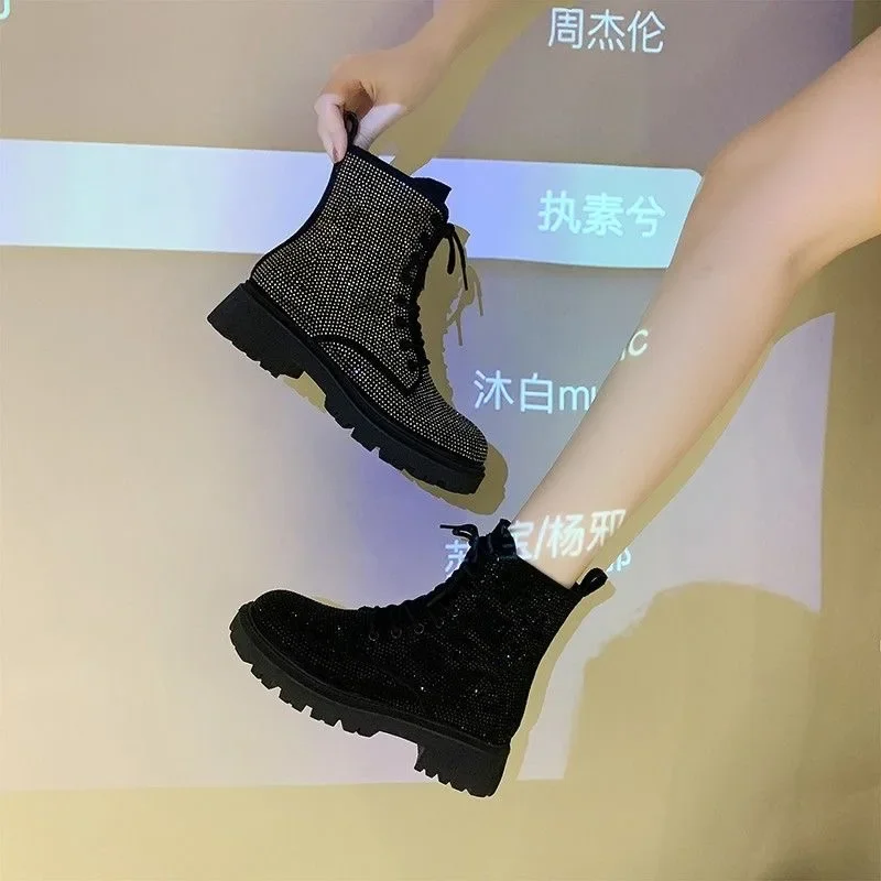 Lisapie 2024 New Rhinestone Full Diamond Starry Thick-soled Snow Boots Women Fashion Motorcycle Boots Sexy Short Boots