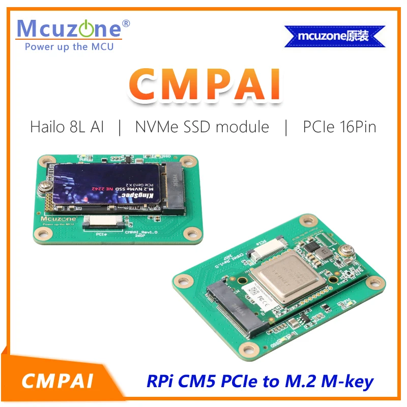CMPAI,Raspberry Pi CM5 PCIe to M.2 M-key, Hailo 8L AI,2242 NVMe SSD module,PCIe 16Pin 0.5mm