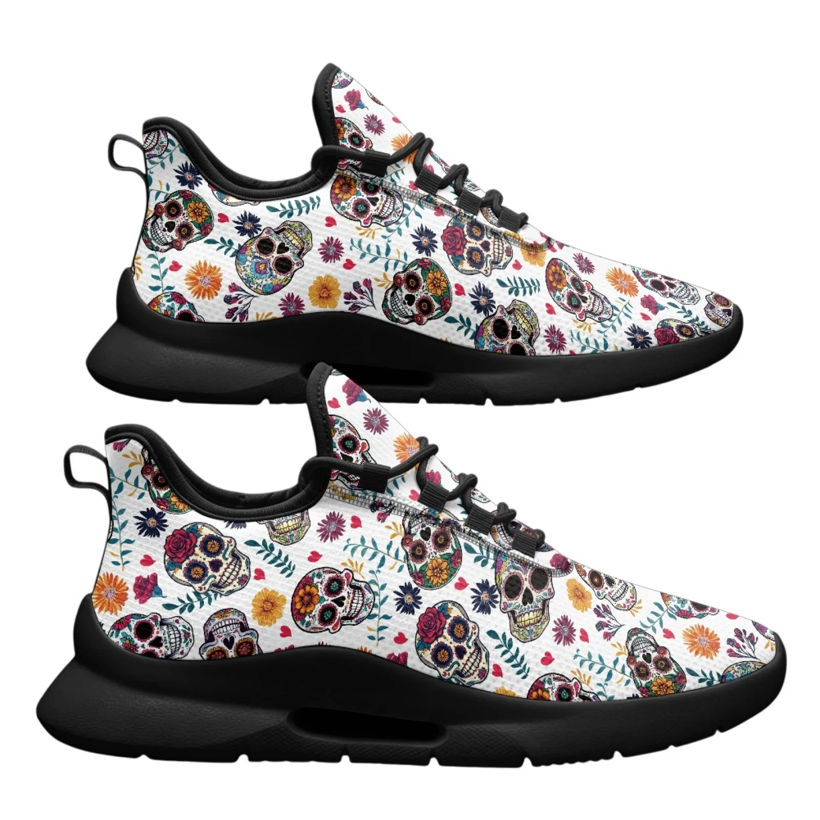 PENSTROLL Lightweight Mesh Lace-Up Sneakers Fashion Non-Slip Mens Running Shoes for Casual Attire Male Floral Sugar Skull