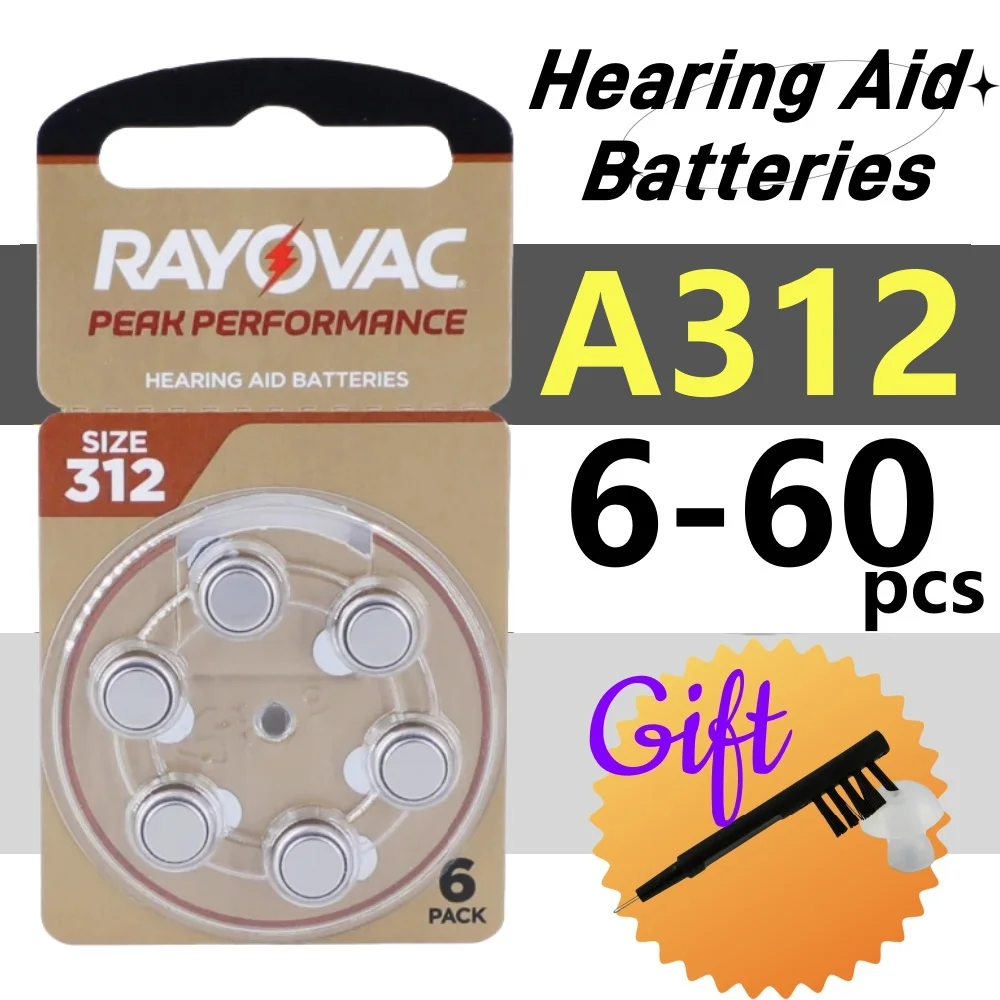 6-60PCS / 1-10Cards RAYOVAC PEAK Hearing Aid Batteries Size 312 312A A312 PR41 Zinc Air Battery 1.45V For Sound Amplifier Long L