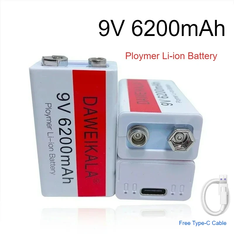 بطارية 9 فولت 6200 مللي أمبير بطارية ليثيوم أيون قابلة للشحن بطارية من النوع C 9 فولت USB ليثيوم للعبة الميكروفون المتعدد + كابل شحن USB