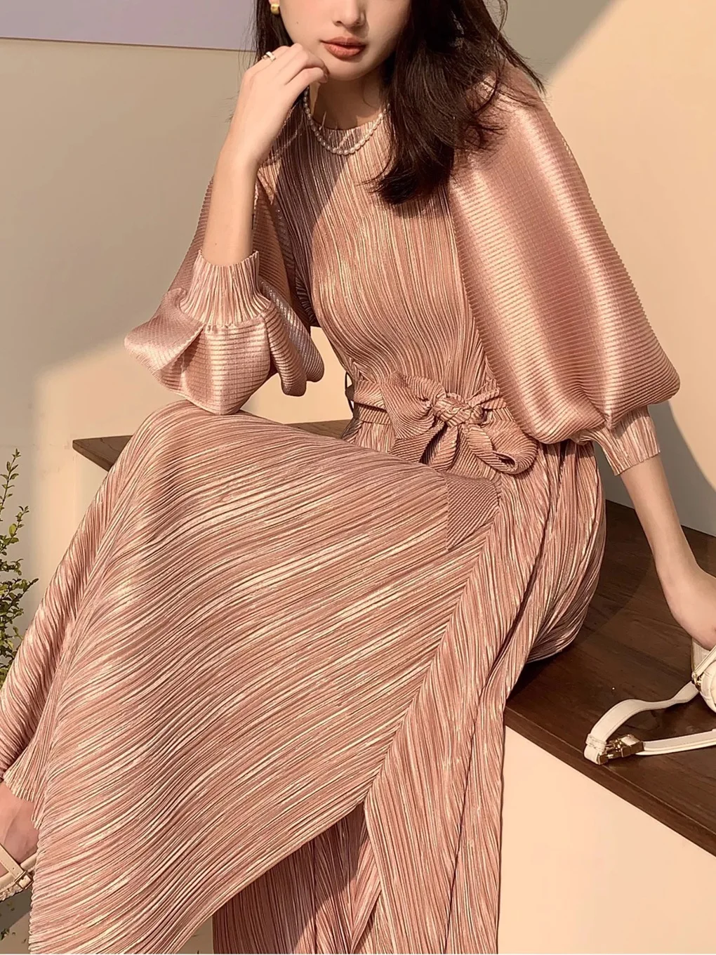 

Плиссированное платье женское Miyake, осень 2021, новое длинное платье с длинным рукавом и талией Jane, нежное элегантное женское платье большого размера, вечерние платья