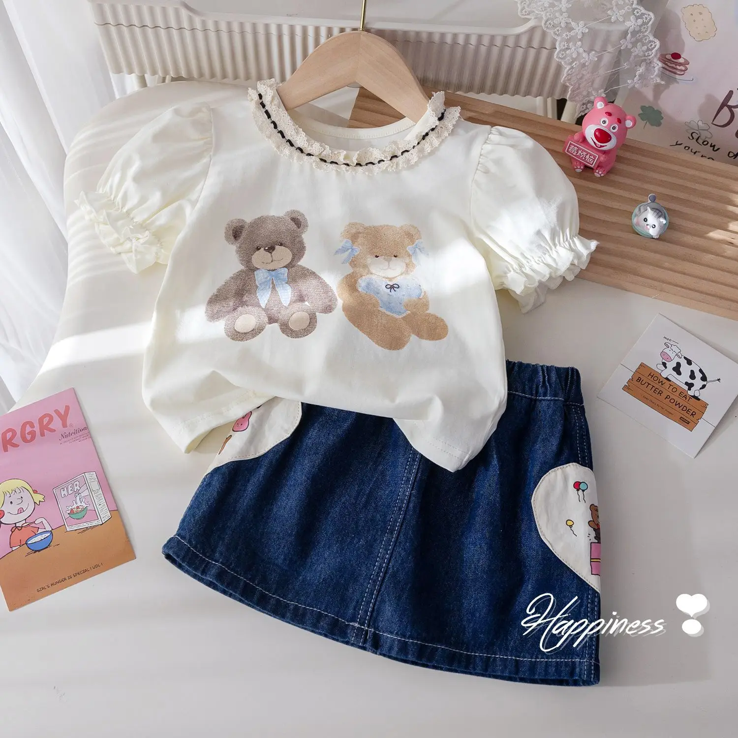 

Summer New Children Girls 2PCS Clothes Set 2025 Cute Printed Short Sleeved T-shirt Sweet Cowboy Skirt Suit Toddler Girl Outfits