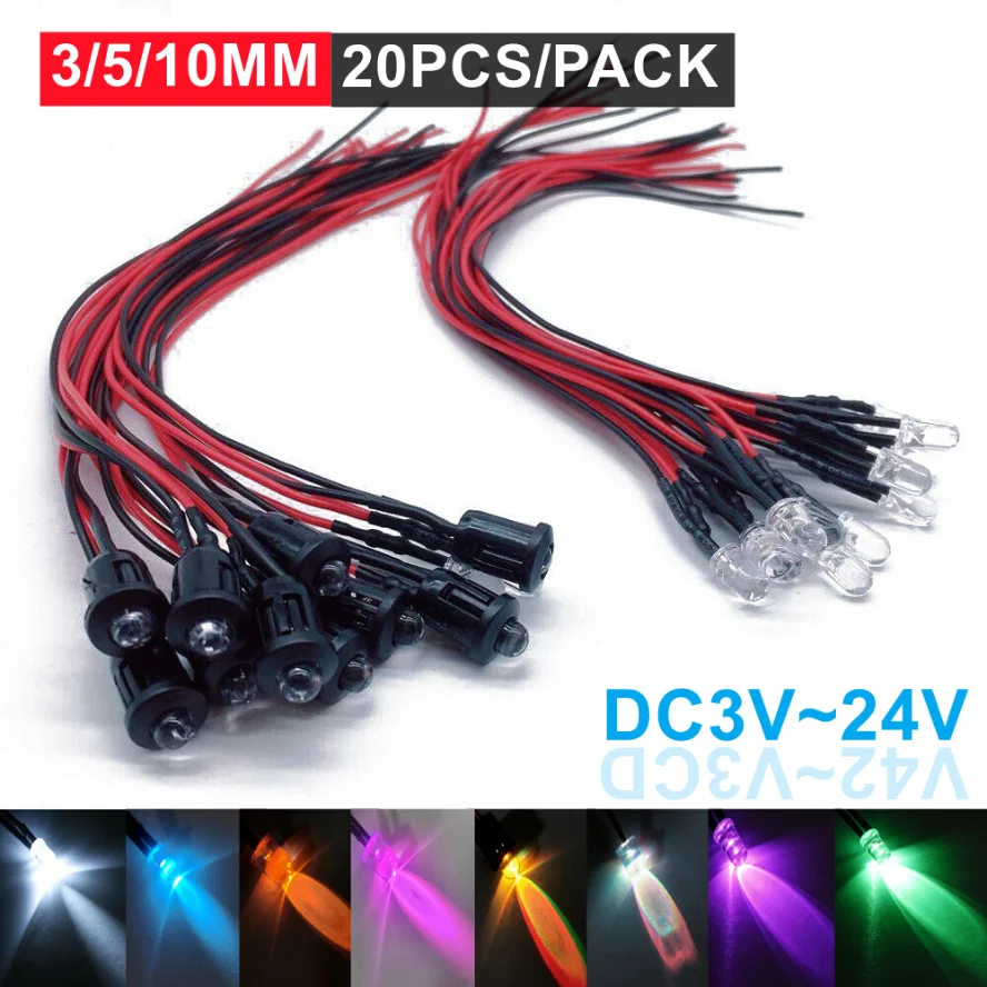 

20 шт. предварительно подключенных светодиодных ламп DC3V~24V, 3/5/10 мм, 12 цветов, длина 200 мм, прозрачные светодиодные элементы с основанием