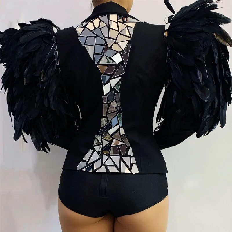 Espelhos brilhantes gogo trajes feminino preto pena casaco lente biquíni boate ds dj festa jazz outfit sexy pólo dança wear