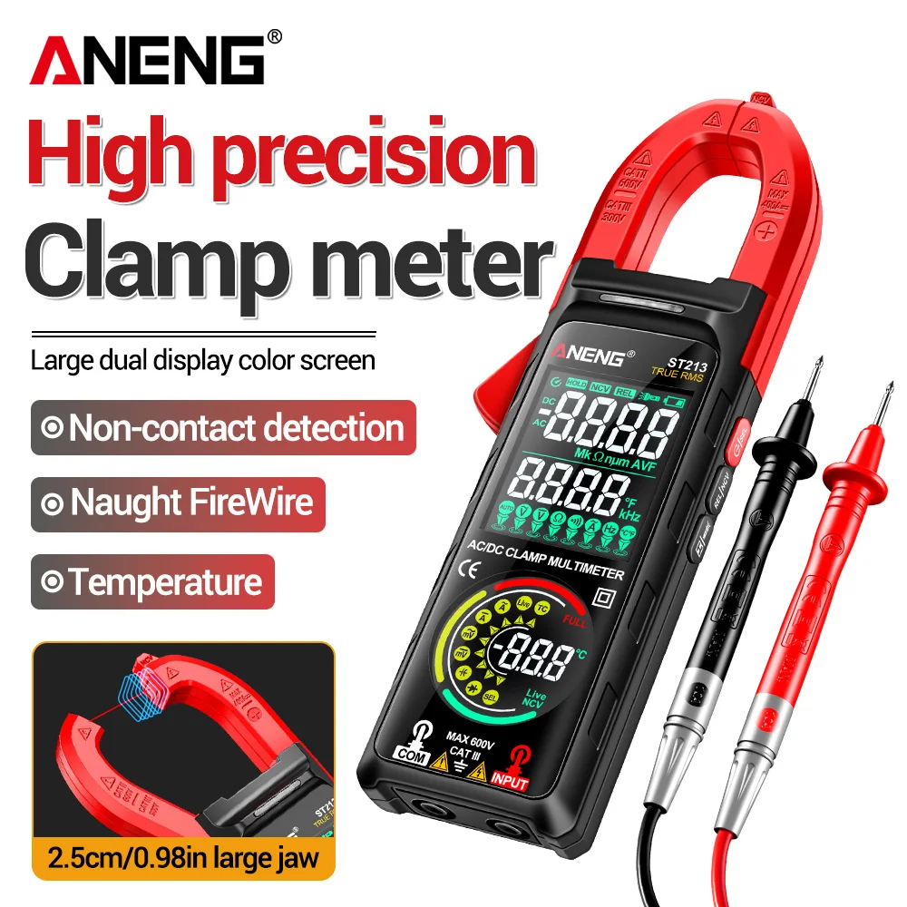 Multimeter-Zangenmessgerät Smart Digital DC/AC Strommessung mit umkehrbarem Bildschirm, Dual-Display, berührungsloser Detektor, Werkzeuge ANENG ST213