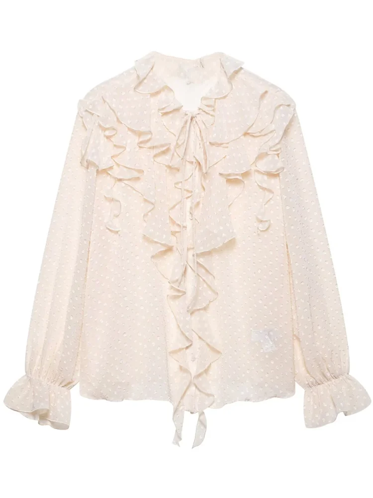 

Zevity Women Fashion Cascading Ruffles Dots Chiffon Blouse Office Lady Breasted Business Shirt Chic Chemise Blusas Tops LS9007