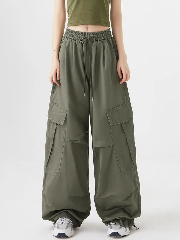 HOUZHOU Vintage Gorpcore Green Cargo Pants Women Japanese Style Y2K Beige Parachute Pants Harajuku Oversize Baggy Sweatpants