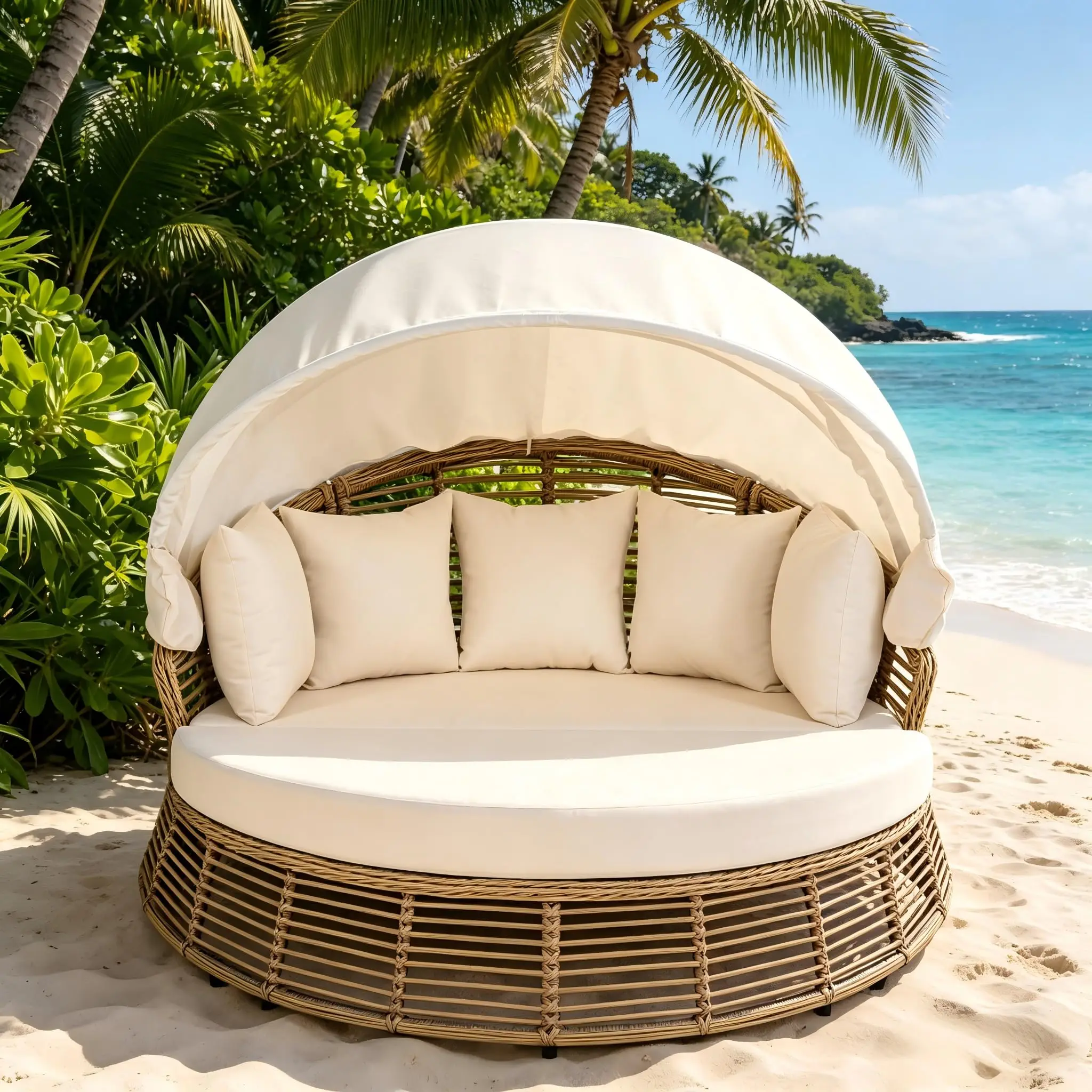 Outdoor Daybed with Retractable Canopy Patio RoundDaybed Wicker Rattan OutdoorSectional Bed Lounger, Washable Cushions
