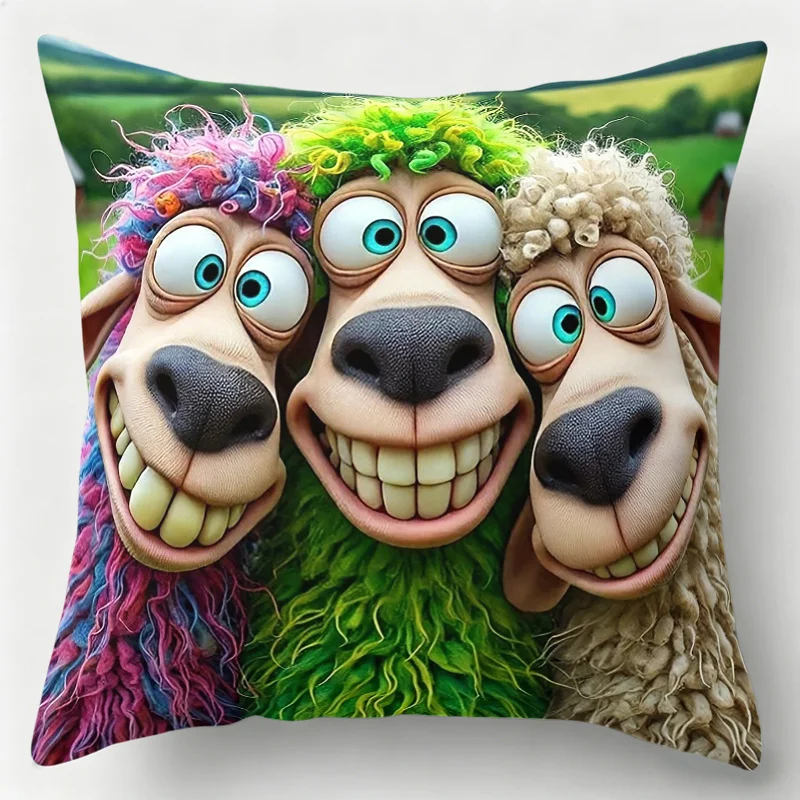 Funny Colorful Sheep Pillowcase, Crazy 3D Animal Cushion Cover, Cartoon Farm Humor Home Decor, Square Throw Pillow Case