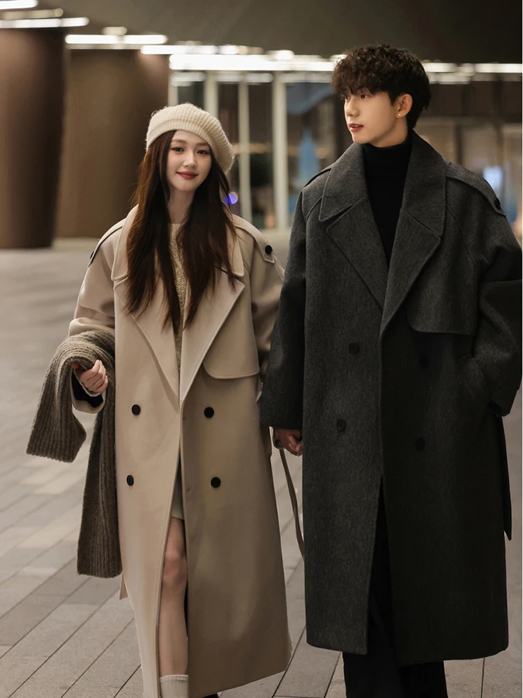 

Парное шерстяное пальто, мужское свободное твидовое ветровка средней длины, верхняя одежда, модная повседневная одежда из полиэфирного волокна