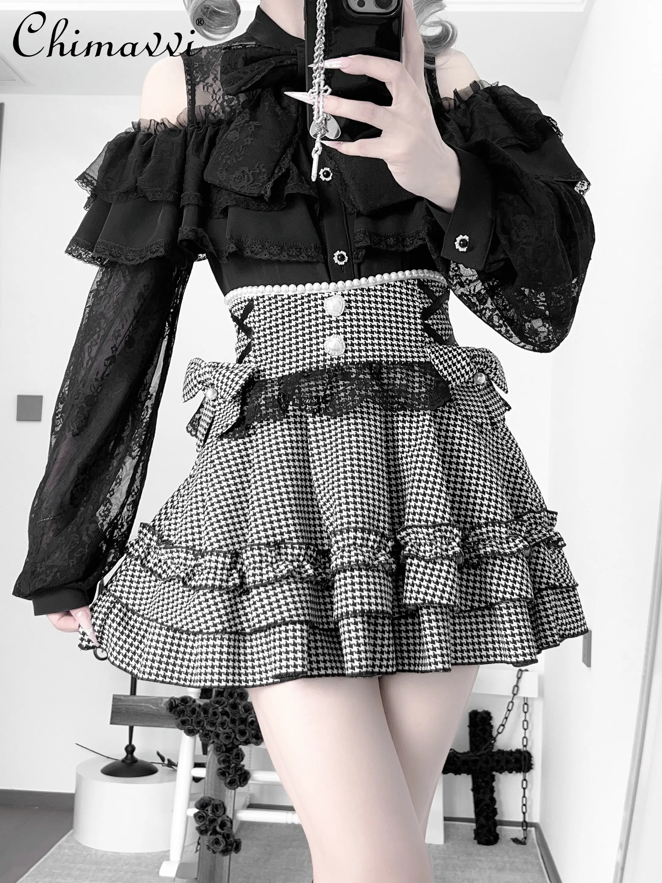 

Original Japanese Mass-produced Long Short-sleeved Lace Lolita Shirt Cake Puff Skirt Two-piece Set Sweet and Cool Girl Suit