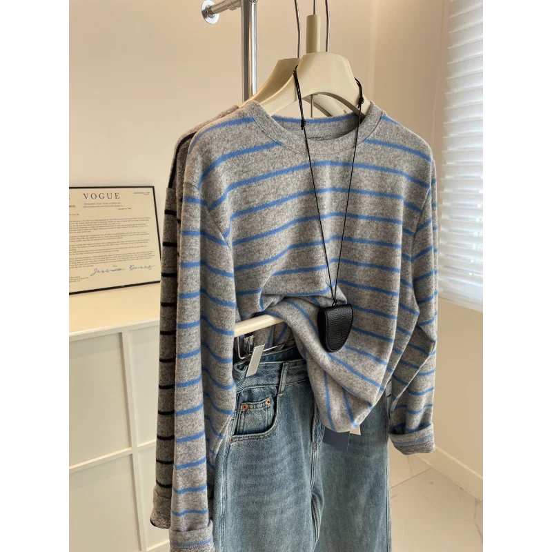 

Lazy Striped Brushed Long Sleeve T-Shirt Women's Autumn Loose Slim Bottoming Top