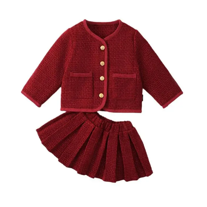 2Pcs Children Christmas New Years Clothes Set Korean Baby Girls Thick Coat with Pleated Skirt Infant Birthday Luxury Skirt Suit