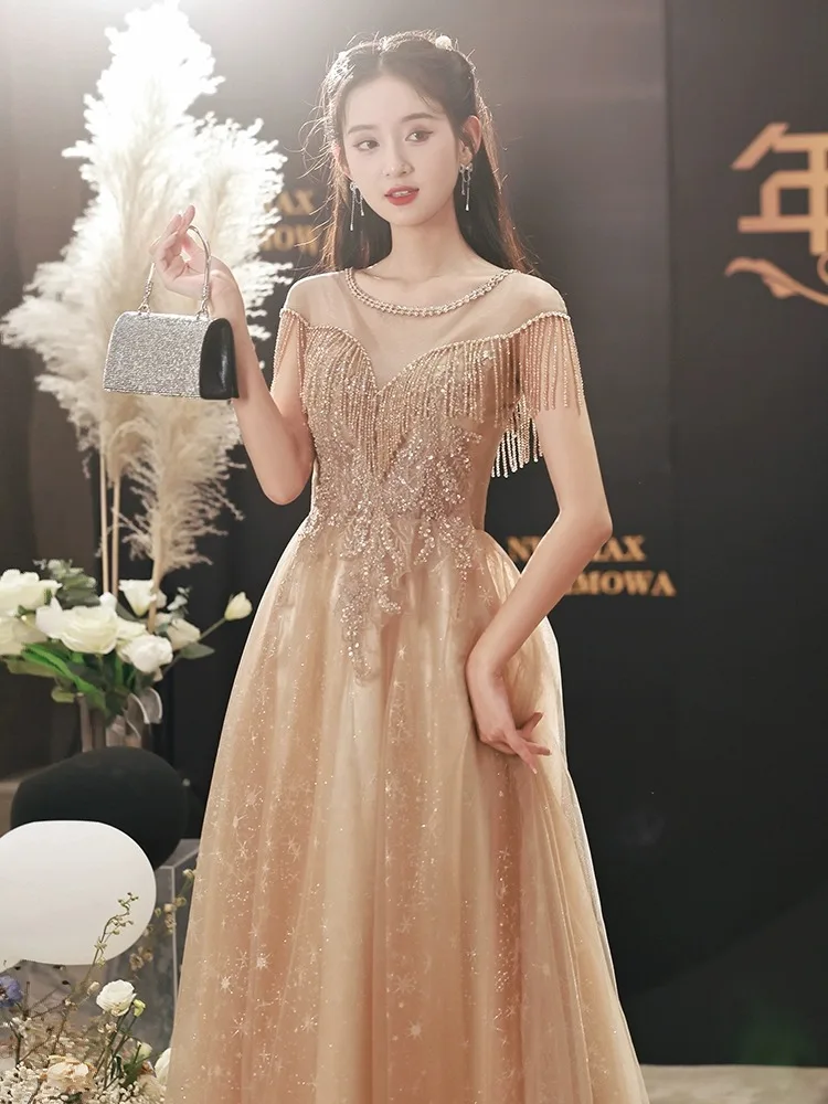 Champagner Gold Perlen Abendkleid 2023 neue Damen elegante Luxus Quaste Kleid klassischen Tüll A-Linie Pailletten Prom Vestido