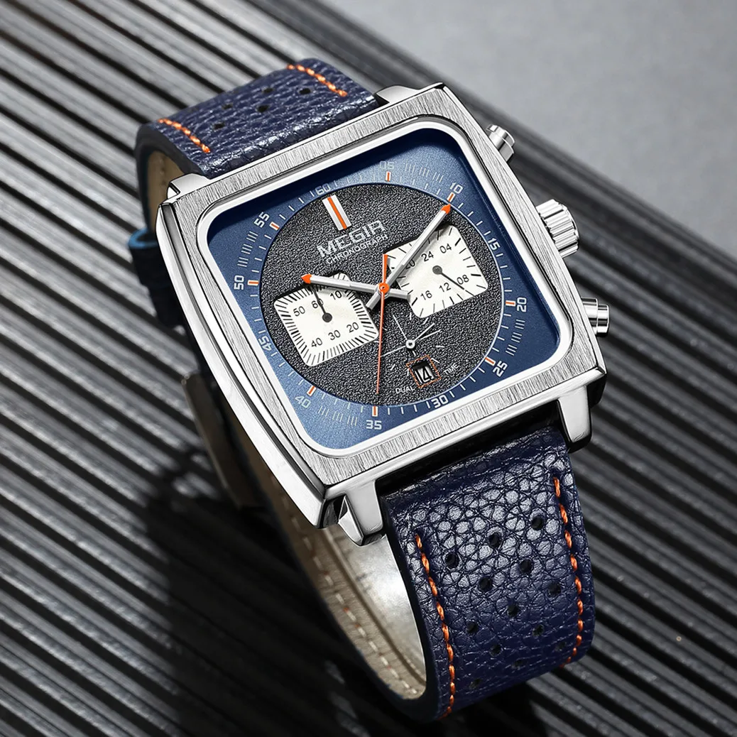 MEGIR Luxury Brand Quartz Men\'s Watch Leather Strap Sports Wristwatches Large Dial Luminous Hands Watches 24-hour Date Clock