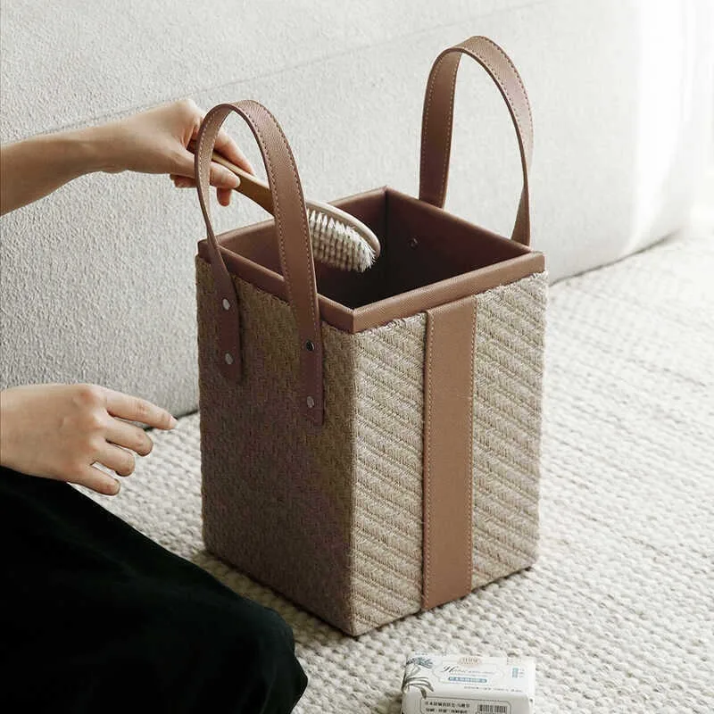 

Корзина для хранения из кожи, плетеная, для ванной комнаты, для одежды, декоративная, для спальни, с ручкой