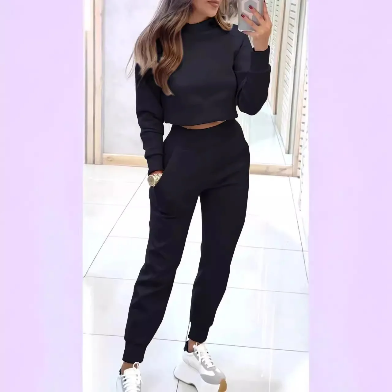 Women\'s Solid Pencil Pants Two Piece Sets Autumn Winter Turtleneck Neck Crop Top Outfits Casual Sweatshirt Tops Suit