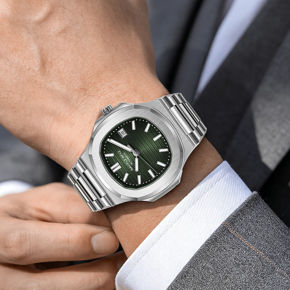 2026 New NAVIFLZ NFVZ Men's Automatic Mechanical Watch Japan Miyota 8215 Mov Gorgeous Silver‑Green Stainless Steel Classic 5711