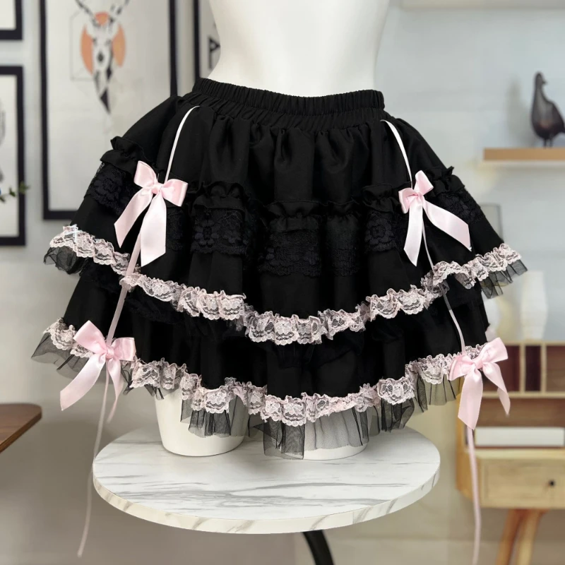 

Hot Girl Kawaii Lolita Skirt Women Black Lace Pleated Mini Skirt Sweet Girl Bow Ruffle Patchwork New Design Cute Y2k Cake Skirt