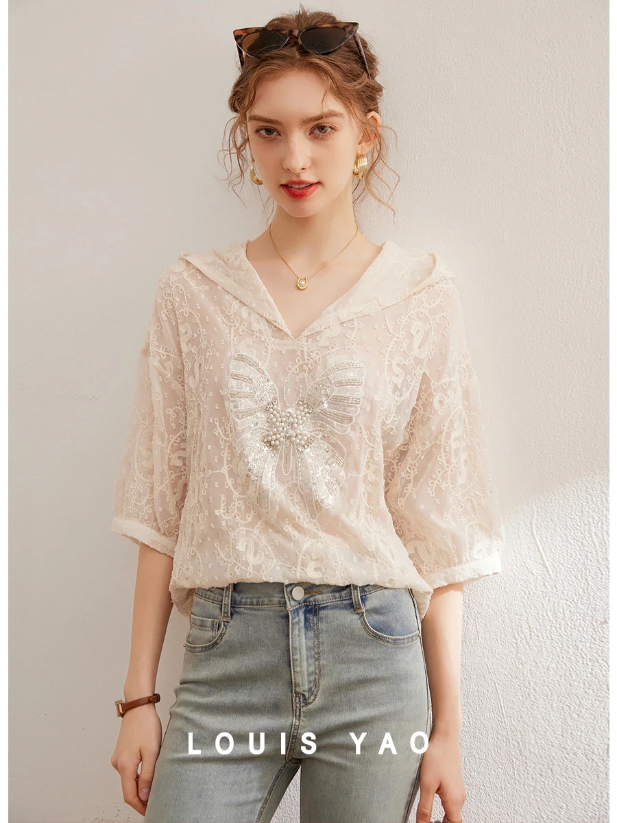 

LOUIS YAO Women Hooded Pullover Shirt 2024 Summer Fashion Blouses Loose Embroidery Beading Butterfly Women's Top