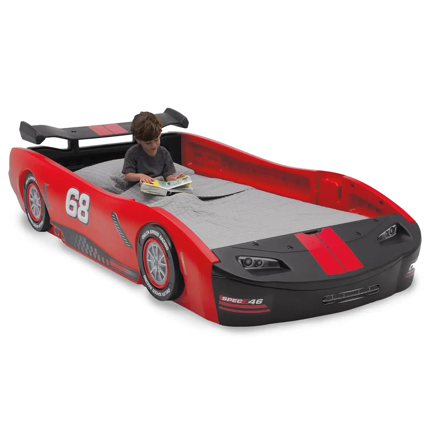 Cama doble con coche de carreras Turbo para niños, color rojo