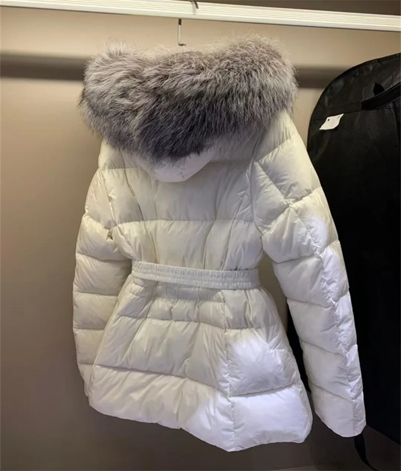 Winter Women Warm White Duck Down Jacket Loose Hood Puffer Coat Natural Real Silver Fox Fur Collar Thick Luxury Outerwear