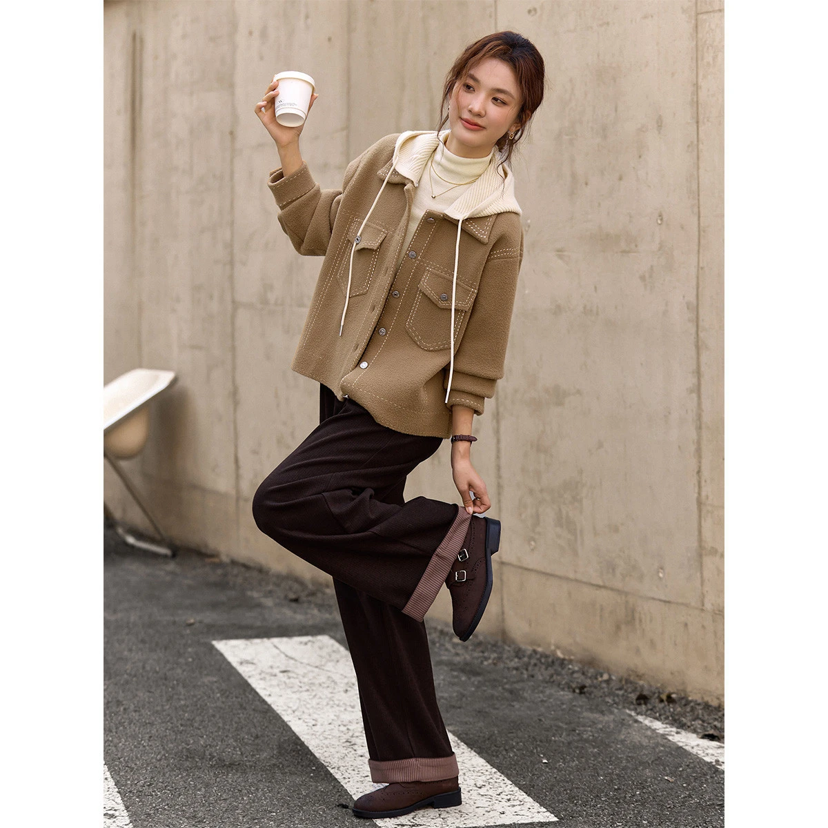 VIMLY Damenmantel 2025, neue abnehmbare Kapuze, kontrastierende Spleißen, sichtbare Nähte, Jacken, vielseitige Damen-Winterkleidung 30580