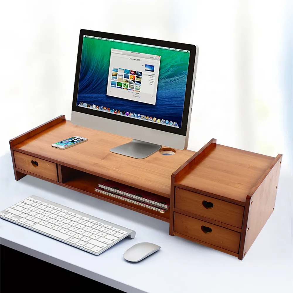 Monitor Stand Riser with 3 Storage Organizer Drawers Bamboo Printer Shelf Stand Desktop Ergonomic Computer Monitor Stand