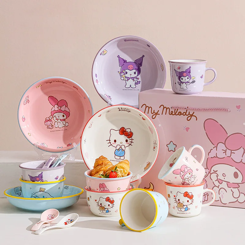 

Cartoon Hello Kitty Ceramic Dish Gift Box Set Kawaii Kuromi My Melody Cinnamoroll Household Tableware Gift Box