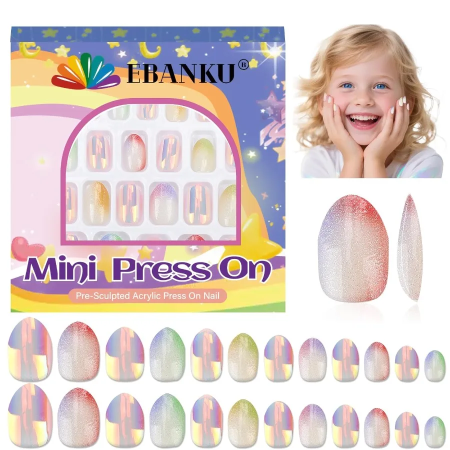 

1 Pack Kid Fake Nail Kit Aurora 26 Pieces Press on Nails for Colorful Press on Nail Short Artificial False Nail Kits for Girls