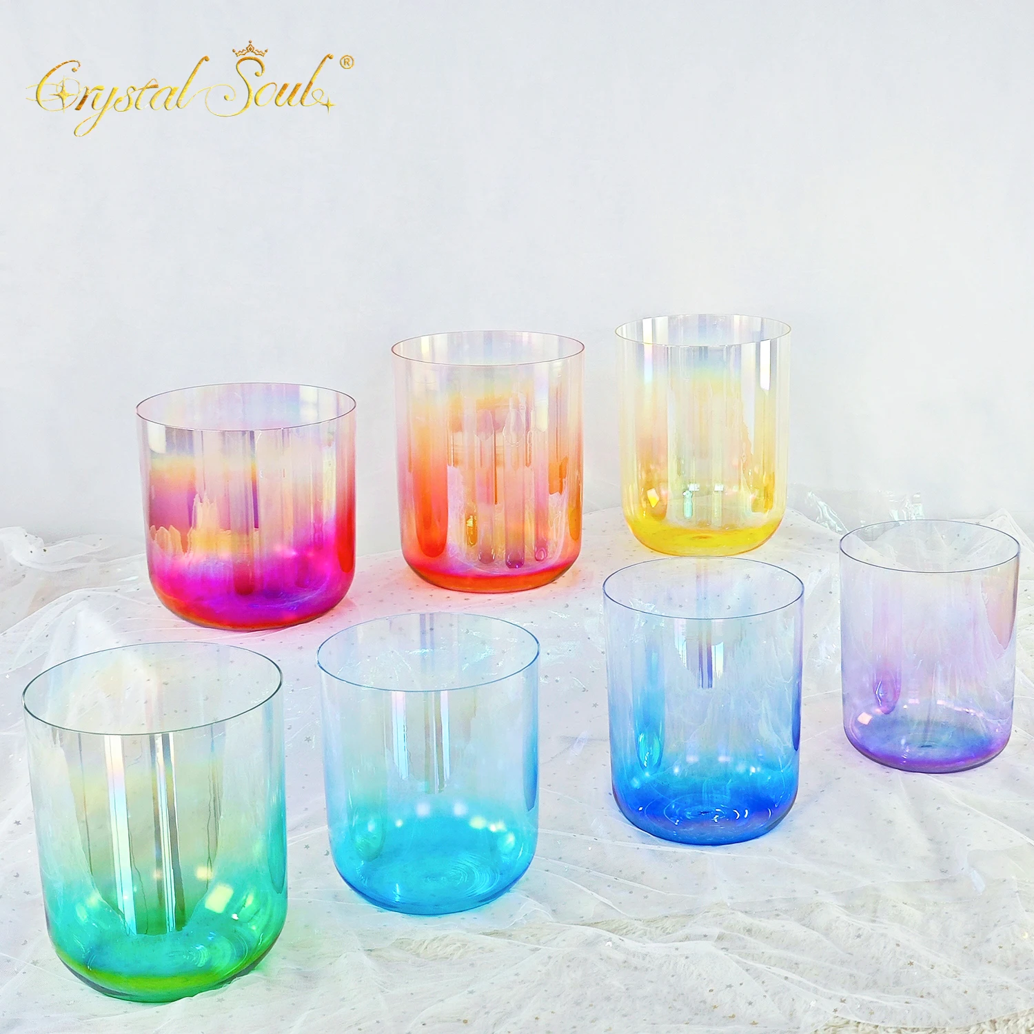 

CrystalSoul iridescent 432Hz 7-8.5inch Alchemy Clear Quartz Crystal Singing Bowls Setwith bag and accessories
