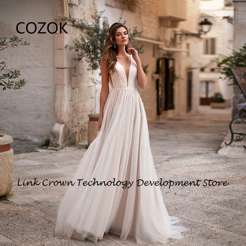 

COZOK V Neck Champagne Wedding Dresses for Women 2024 Soft Tulle Sleeveless Bridal Gowns with Applique Summer Vestidos De Novia