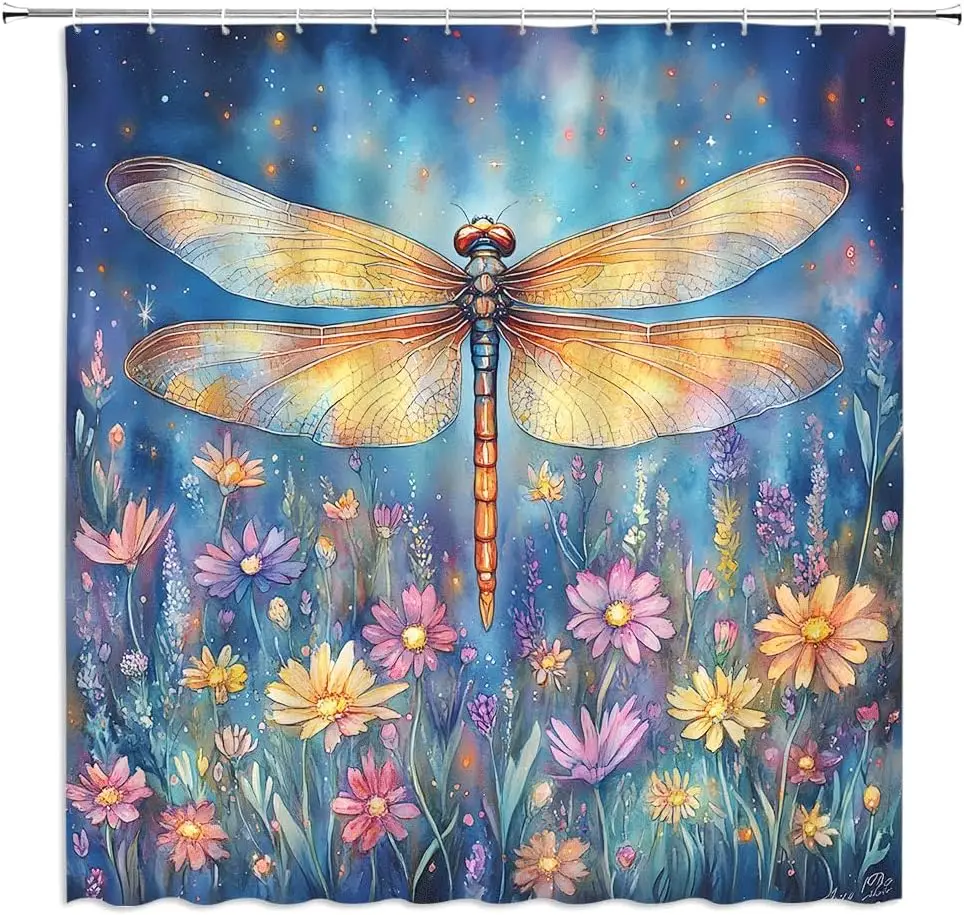 Dragonfly Floral Shower Curtain Watercolor Spring Flower Leaves Rustic Botanical Boho Wildflower Natural Wildlife Starry Sky